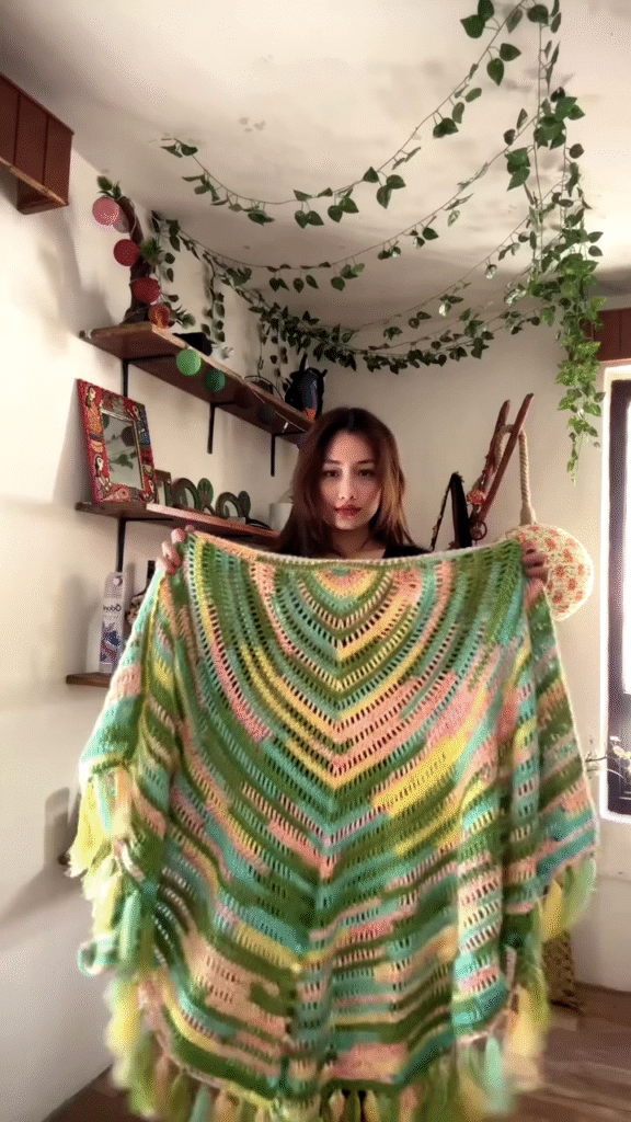 Multicolor Crocheted Shawl with Fringe Detailing 🧶🌈 – Boho Knit Layer Styled Over Black Top - Photo 1