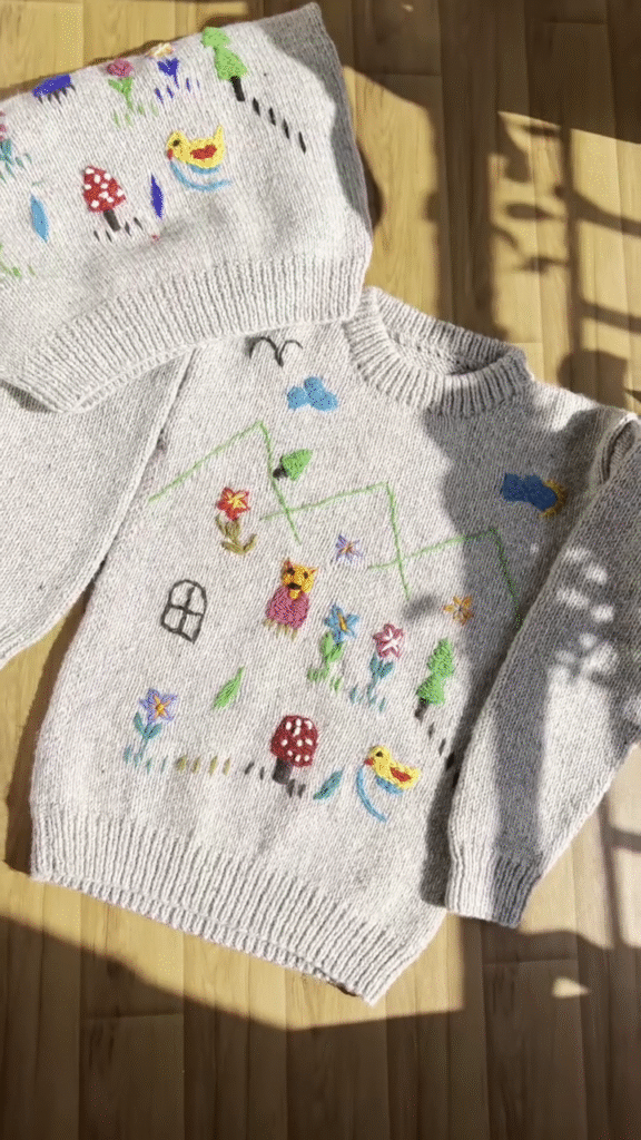 Whimsical Nature-Embroidered Knit Sweaters 🐥🍄🌼 – Light Gray Base with Playful Storybook Detailing - Photo 1