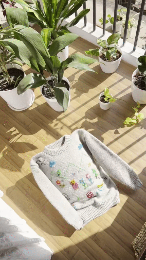 Whimsical Nature-Embroidered Knit Sweaters 🐥🍄🌼 – Light Gray Base with Playful Storybook Detailing - Photo 2