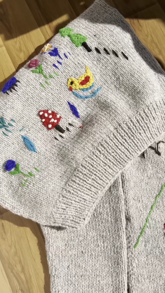 Whimsical Nature-Embroidered Knit Sweaters 🐥🍄🌼 – Light Gray Base with Playful Storybook Detailing - Photo 3