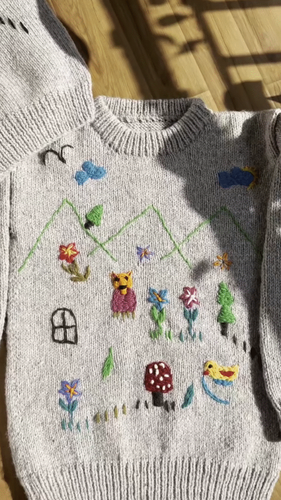 Whimsical Nature-Embroidered Knit Sweaters 🐥🍄🌼 – Light Gray Base with Playful Storybook Detailing - Photo 4