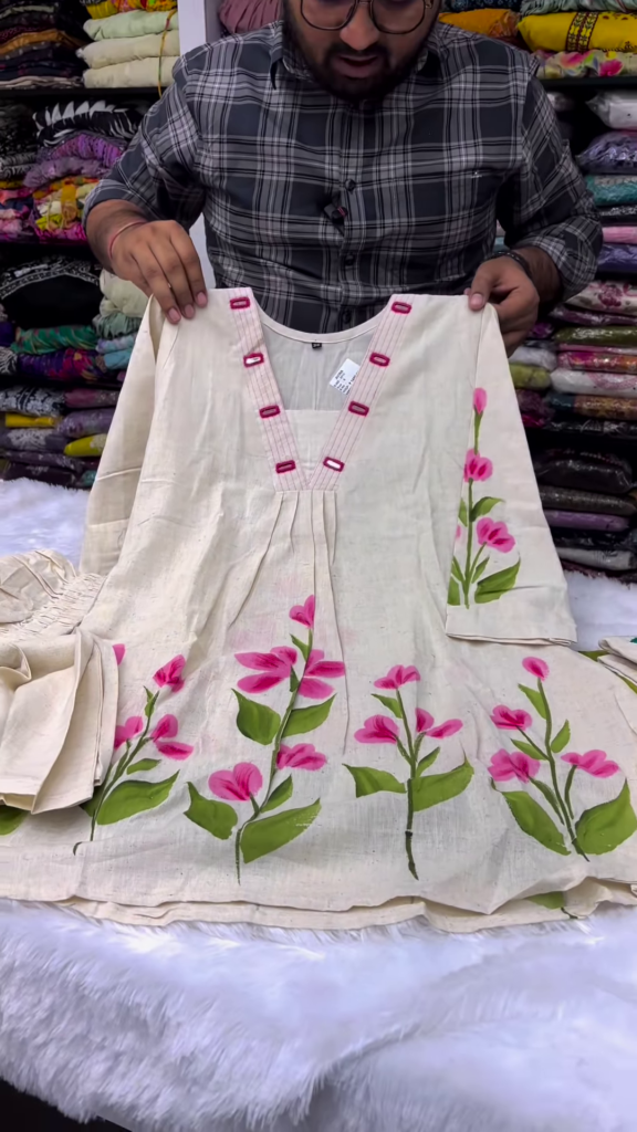 Hand-Painted Floral Kurti Set for Women – Elegant V-Neck Ethnic Wear with Pink Blossom Print – 2 Color Options Available - Photo 1