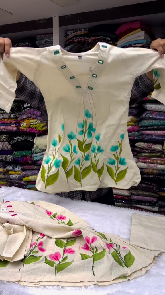 Hand-Painted Floral Kurti Set for Women – Elegant V-Neck Ethnic Wear with Pink Blossom Print – 2 Color Options Available - Photo 2