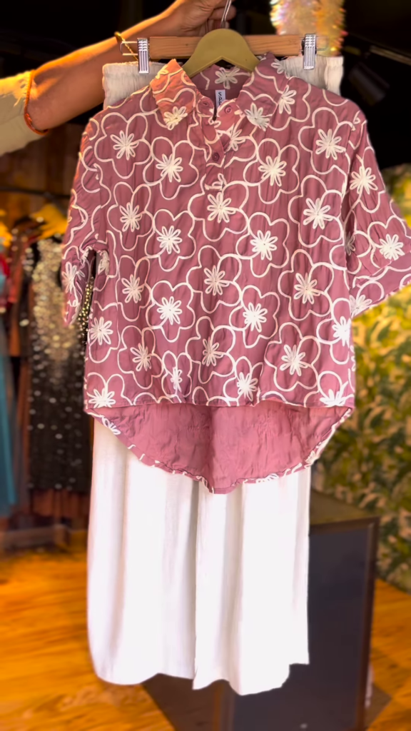 Girls’ Mauve Daisy Co-ord Set – Floral Embroidered Top with White Palazzos | Breezy Everyday Style - Photo 1
