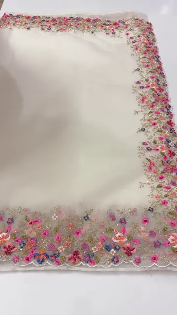 Ivory Organza Dupatta with Multicolor 3D Floral Embroidery & Scalloped Edges - Photo 2