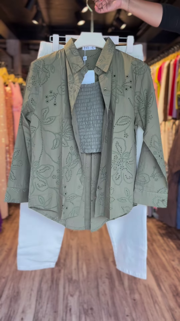 Olive Green Laser Cut Shirt Co-ord Set with Smocked Crop Top - Photo 1