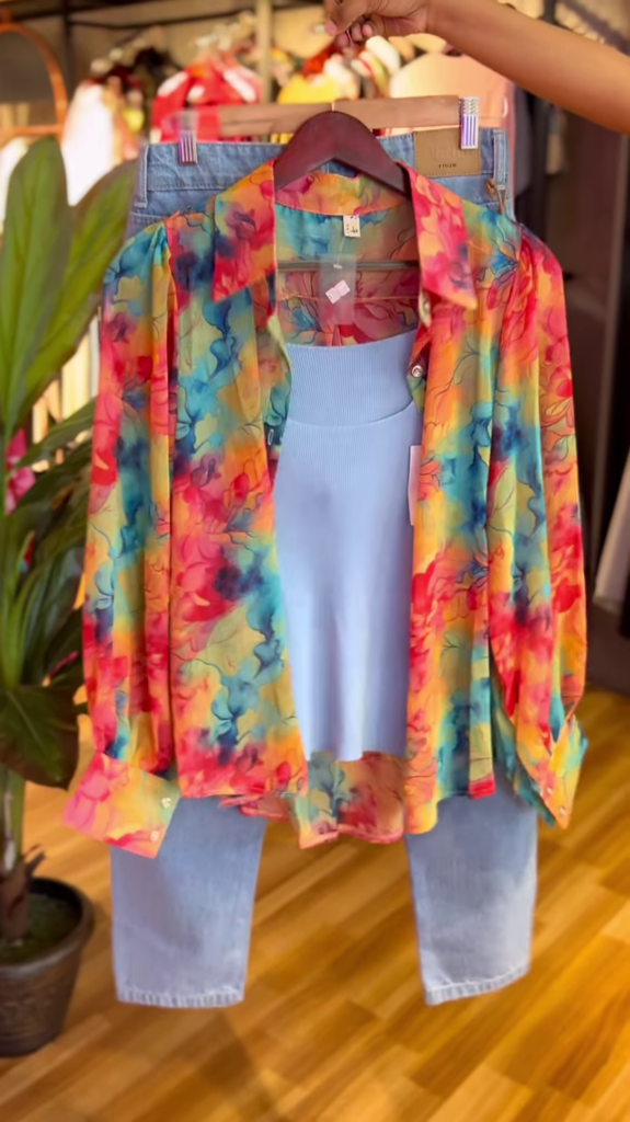 Rainbow Bloom Shirt Co-ord with Powder Blue Crop Top & Denim Culottes - Photo 1