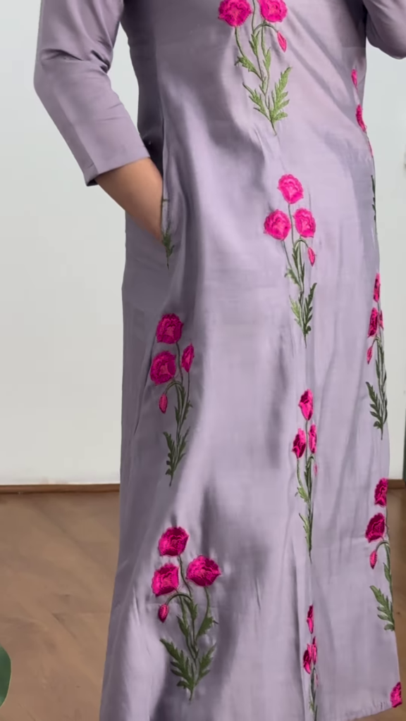 Women’s Floral Embroidered Kurta with Palazzos – Elegant 2-Piece Set with 3/4 Sleeves & Flared Silhouette (Available in 3 Colors) - Photo 4
