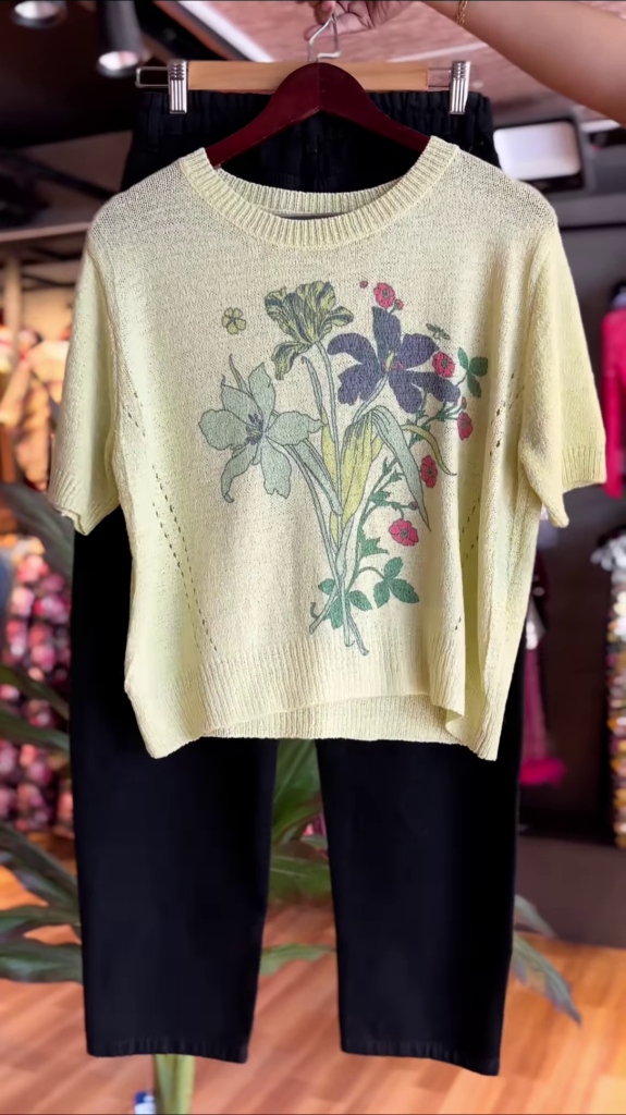 Pastel Yellow Knitted Floral Top with Black Ankle Pants – Casual Artistic Co-Ord Set for Effortless Everyday Style - Photo 1