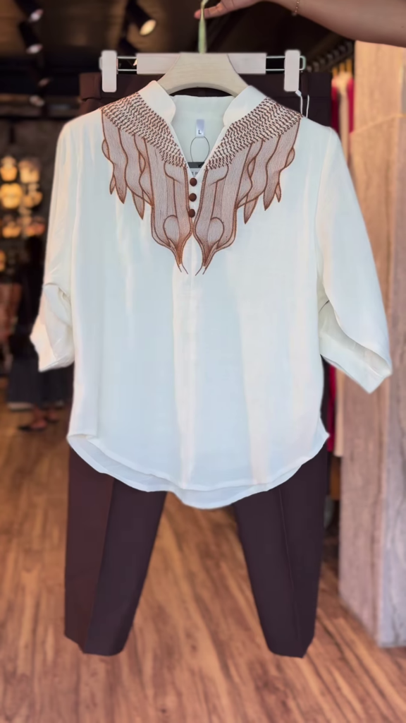 Cream Tunic Top with Intricate Brown Embroidery & Brown Slim Pants – Elegant Ethnic-Inspired Co-Ord Set for Smart Casual Wear - Photo 1