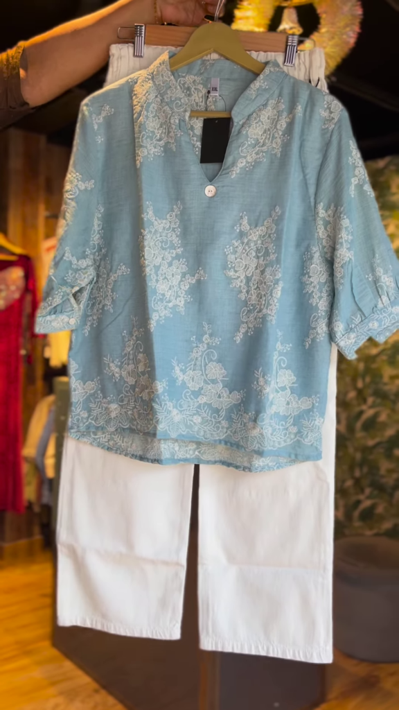 Sky Blue Floral Embroidered Kurti with White Straight Pants – Elegant Cotton Casual Set for Women - Photo 1