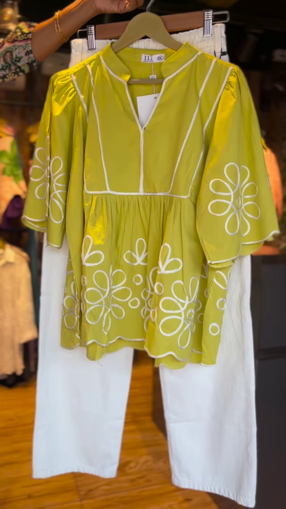Lime Green Peplum Style Embroidered Kurti with White Pants – Chic Indo-Western Co-Ord Set for Women - Photo 1