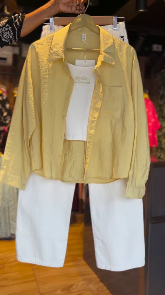 Light Yellow Shirt with White Crop Top & Culottes – 3-Piece Summer Co-Ord Set for Women - Photo 1