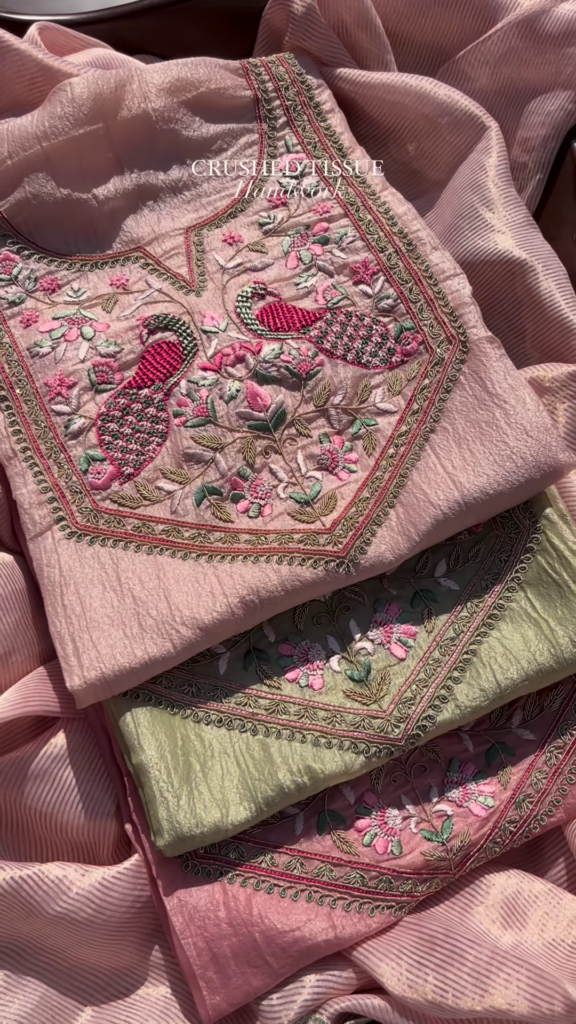 Crushed Tissue Handwork Fabric with Embroidered Peacock and Floral Motifs – Luxe Ethnic Wear Material - Photo 2