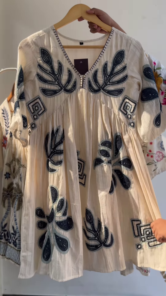 Boho Chic Hand-Embroidered Cotton Top – Ivory Base with Maroon Threadwork | 4 Designs & Colors Available - Photo 5