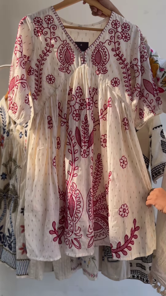 Boho Chic Hand-Embroidered Cotton Top – Ivory Base with Maroon Threadwork | 4 Designs & Colors Available - Photo 1
