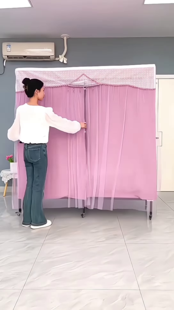 "Portable Fabric Wardrobe Organizer - Lightweight Rolling Clothes Storage with Lavender Curtains" - Photo 4