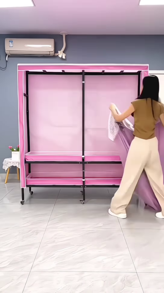"Portable Fabric Wardrobe Organizer - Lightweight Rolling Clothes Storage with Lavender Curtains" - Photo 2