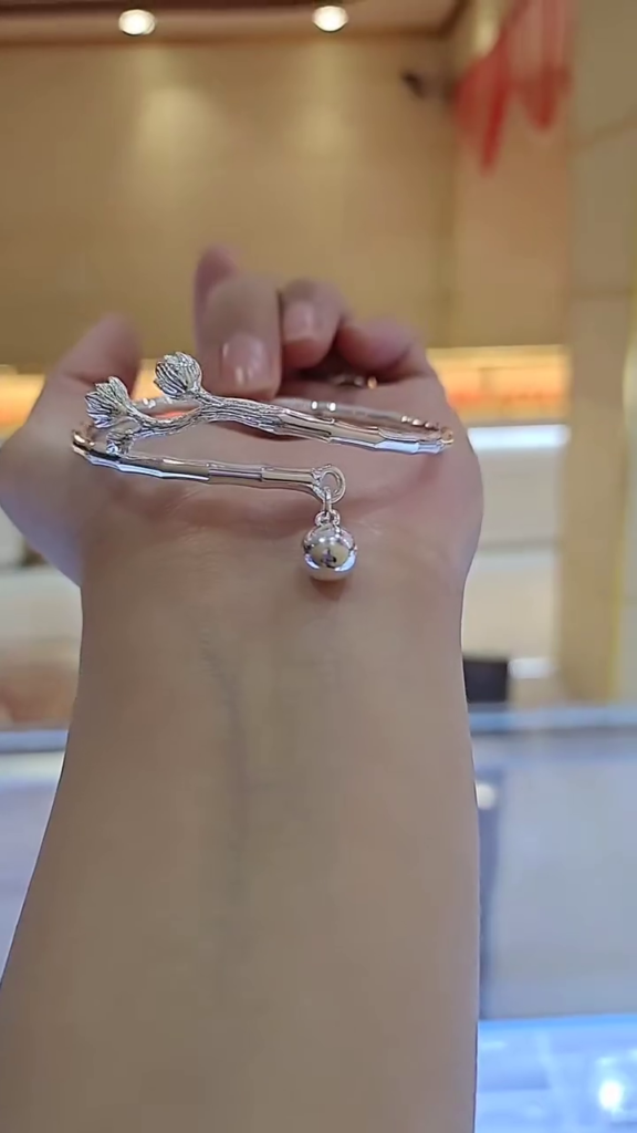 Nature-Inspired Silver Branch Bangle Bracelet with Dangling Charm – Elegant Women's Jewelry - Photo 1