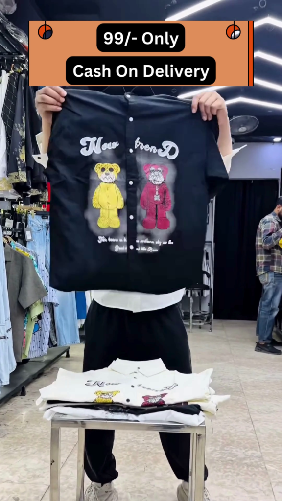 Trendy Cartoon Bear Printed Shirt – Casual Short Sleeve Button-Up for Men and Women - Photo 1