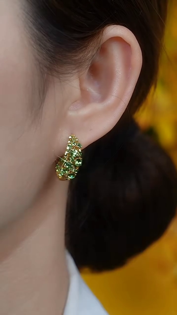 Dazzling Emerald Green Crystal Pave Half-Hoop Earrings in Gold Tone - Photo 1