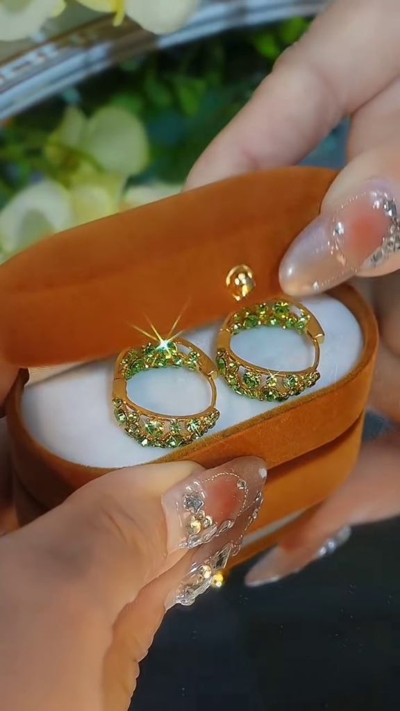 Dazzling Emerald Green Crystal Pave Half-Hoop Earrings in Gold Tone - Photo 2