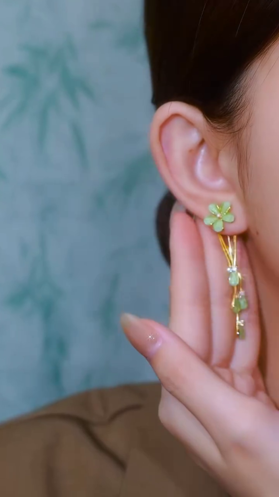Whimsical Gold-Toned Flower Drop Earrings with Green Gemstone Accents and Delicate Chains - Photo 2
