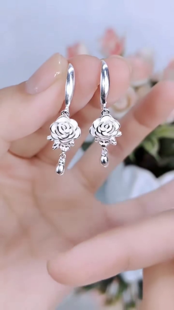 Elegant Sterling Silver Rose Drop Earrings with Delicate Teardrop Accents - Photo 2