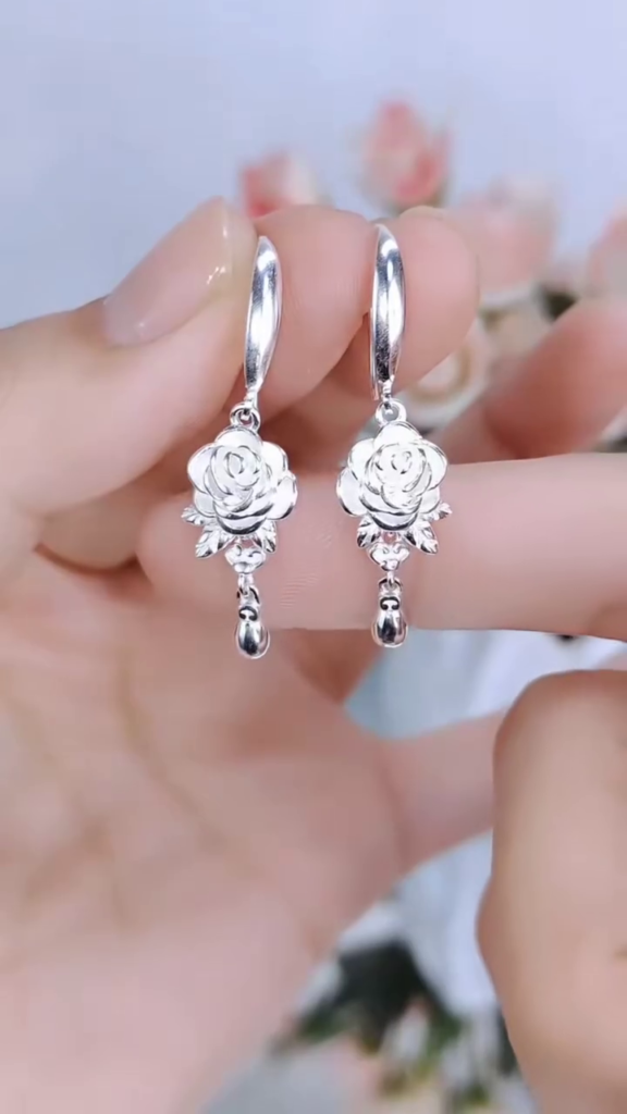 Elegant Sterling Silver Rose Drop Earrings with Delicate Teardrop Accents - Photo 1