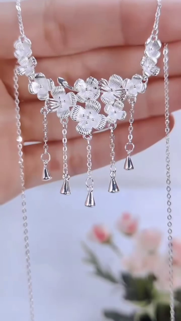 Exquisite Sterling Silver Floral Choker Necklace with Dangling Bell Charms - Photo 1