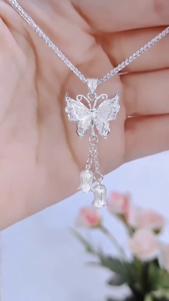 Elegant Sterling Silver Double Layer Chain Necklace with Filigree Butterfly and Floral Drop Charms - Photo 3