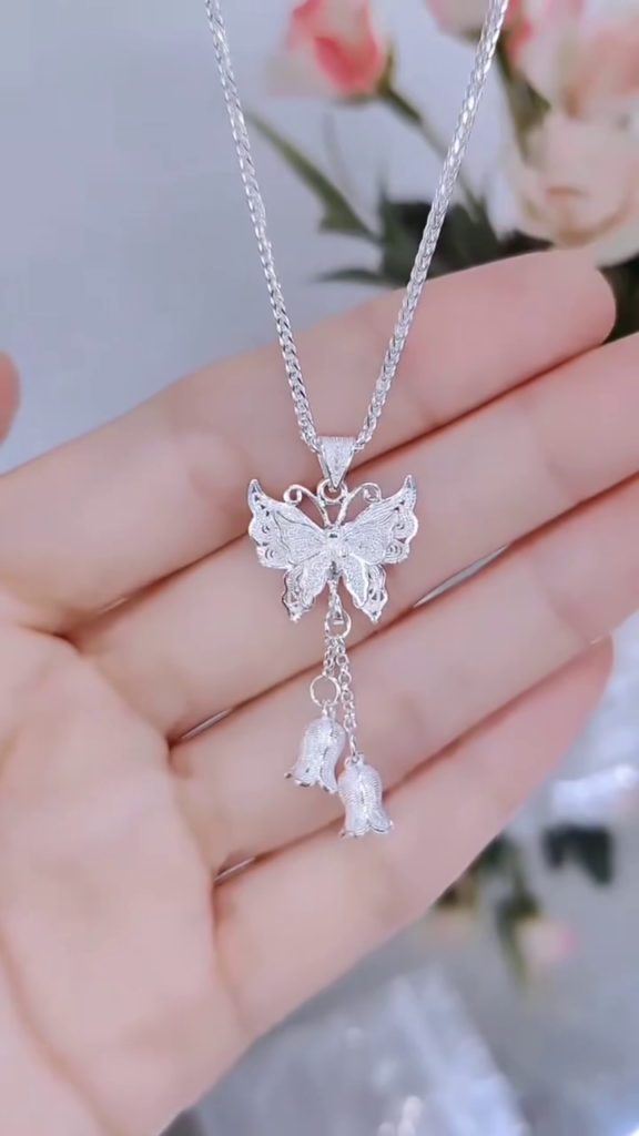 Elegant Sterling Silver Double Layer Chain Necklace with Filigree Butterfly and Floral Drop Charms - Photo 2