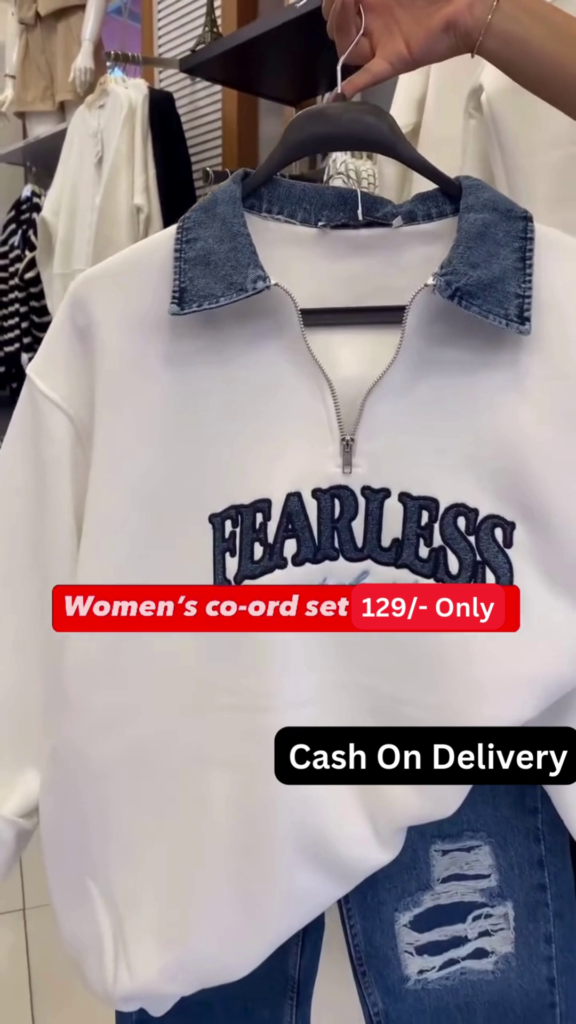 Trendy Women's White Sweatshirt Co-ord Set with "Fearless" Graphic and Distressed Jeans - Photo 2