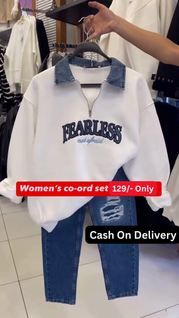 Trendy Women's White Sweatshirt Co-ord Set with "Fearless" Graphic and Distressed Jeans - Photo 1