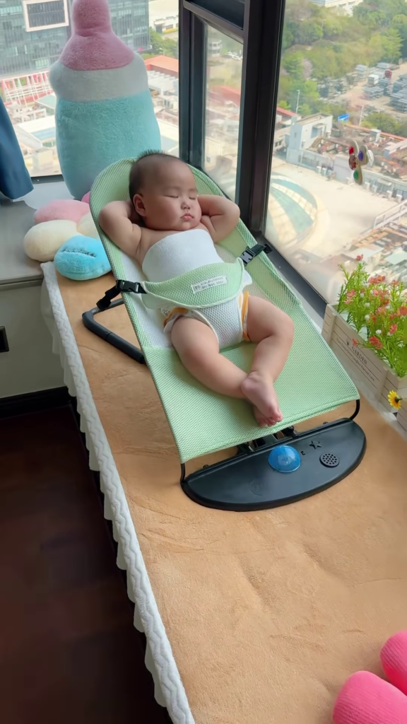 Peaceful Newborn Baby Sleeping Soundly in a Comfortable Bouncer Seat by the Window - Photo 1