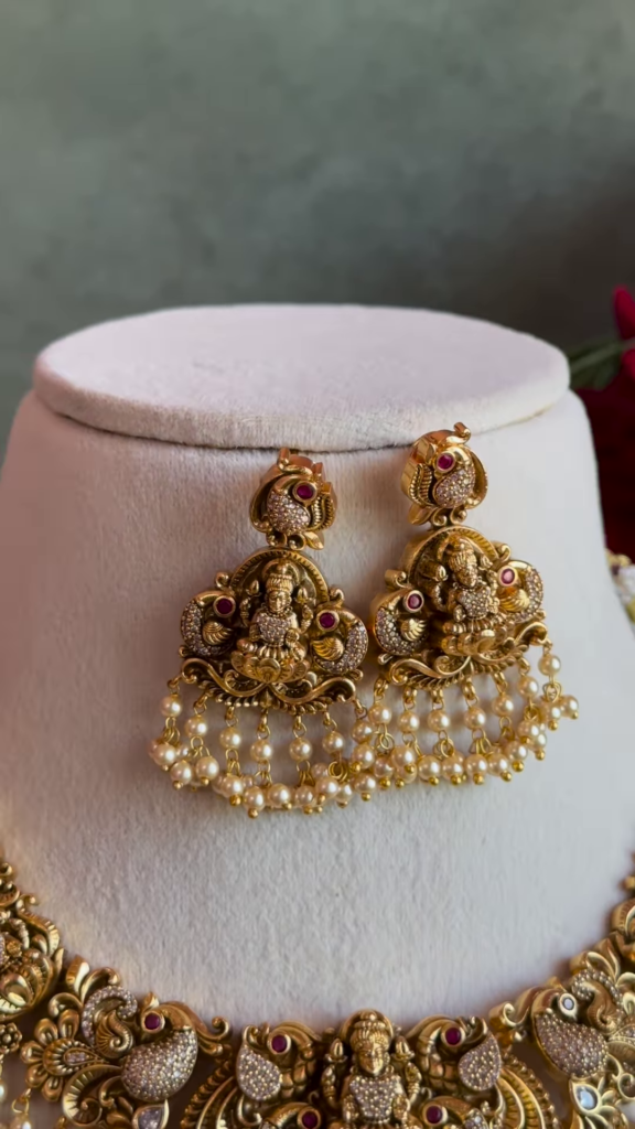 Ornate Gold-Plated Temple Jewellery Necklace Set with Goddess Lakshmi and Pearl Drops - Photo 2