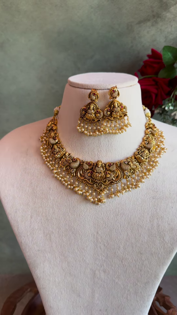 Ornate Gold-Plated Temple Jewellery Necklace Set with Goddess Lakshmi and Pearl Drops - Photo 3