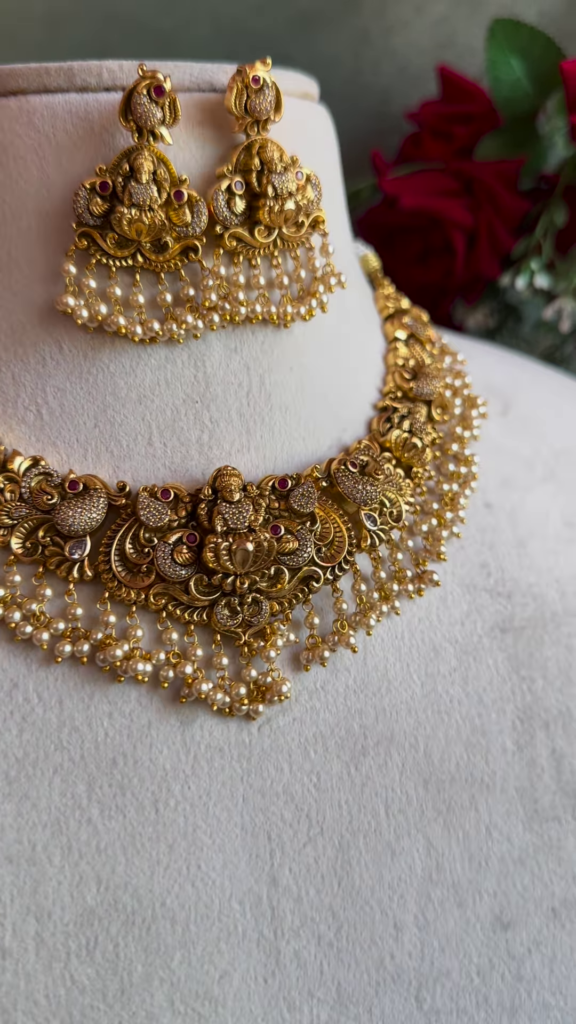 Ornate Gold-Plated Temple Jewellery Necklace Set with Goddess Lakshmi and Pearl Drops - Photo 1