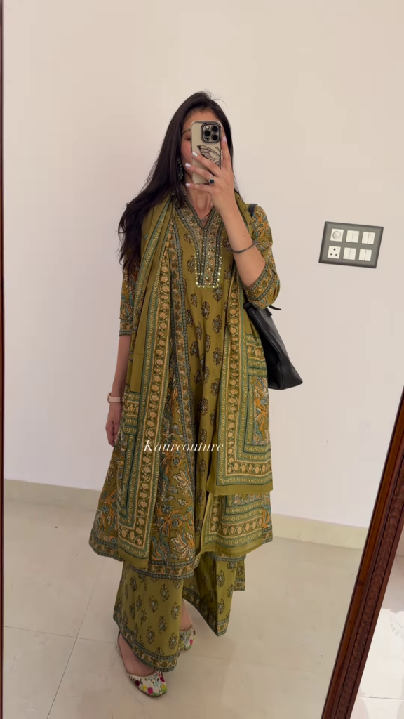 Elegant Women's Olive Green Printed Kurta Palazzo Set with Embellished Neckline and Dupatta - Photo 1
