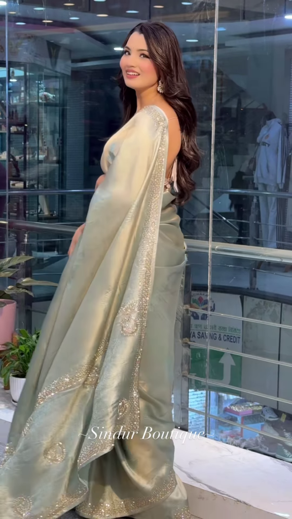 Elegant Sage Green Silk Saree with Sparkling Embellished Border - Photo 5