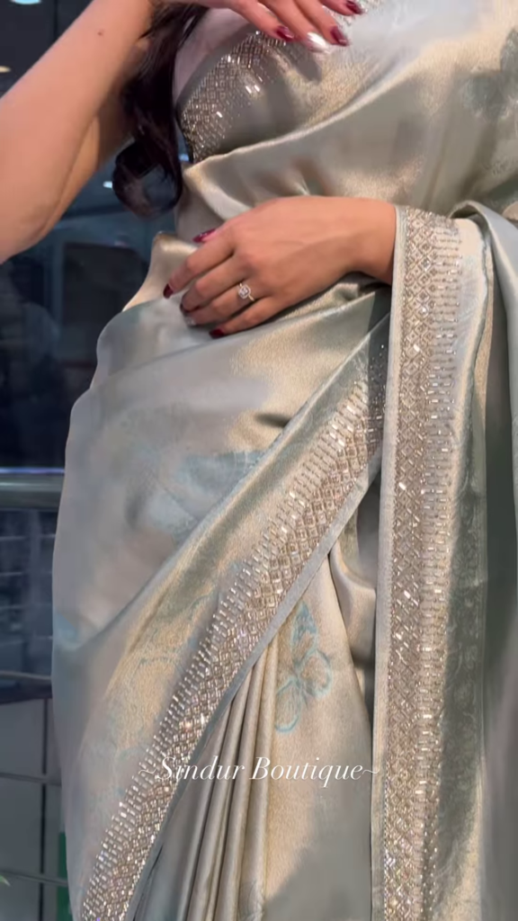 Elegant Sage Green Silk Saree with Sparkling Embellished Border - Photo 4