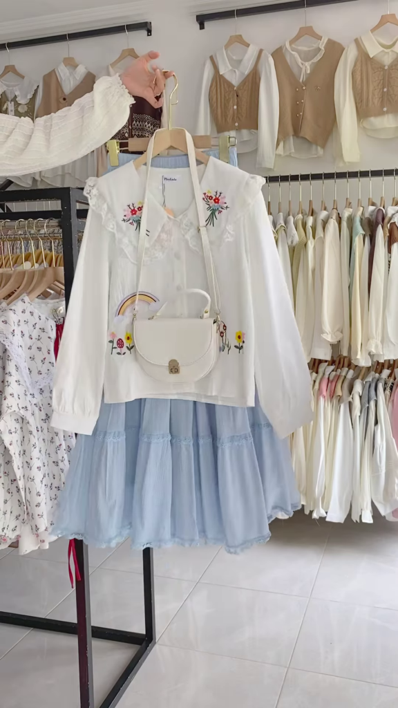 Charming Women's Embroidered Blouse and Layered Tulle Skirt Outfit with Crossbody Bag - Photo 2