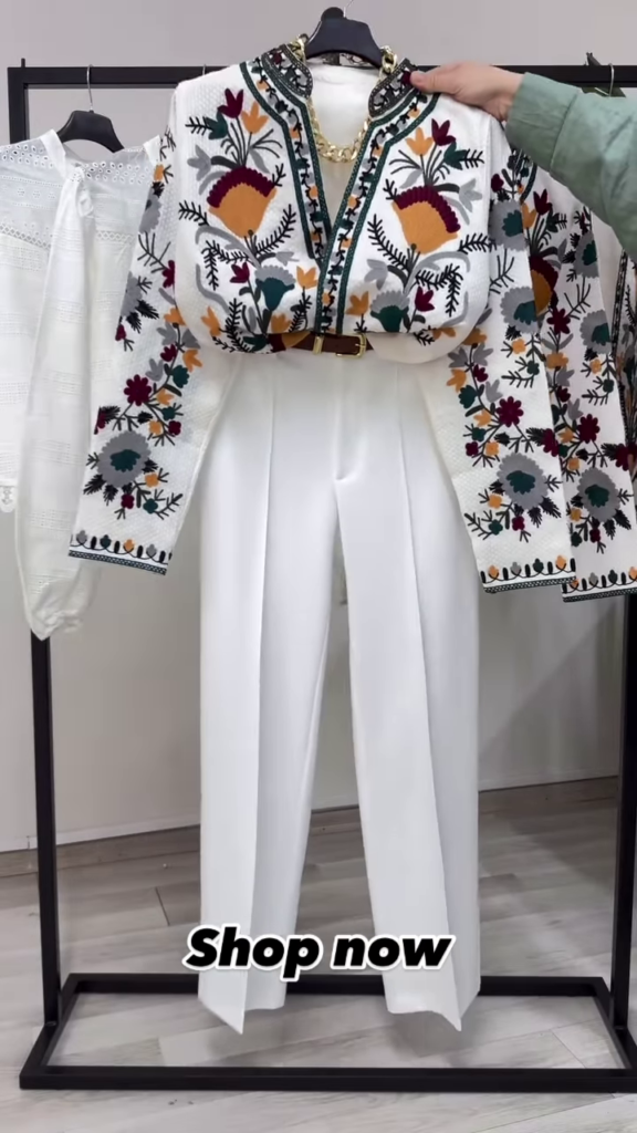 Elegant Women's Embroidered Jacket and High-Waisted White Pants Set - Photo 2