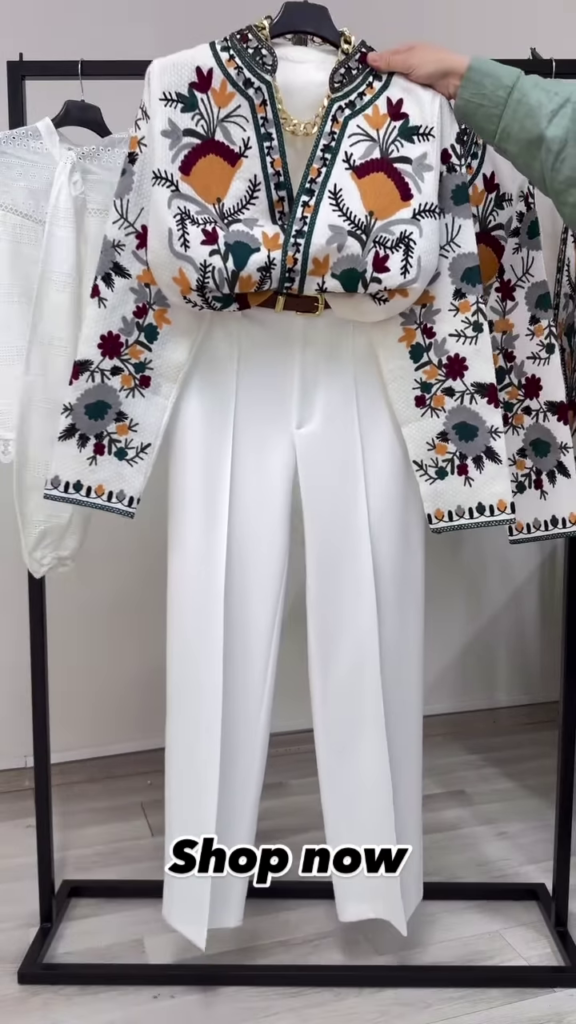 Elegant Women's Embroidered Jacket and High-Waisted White Pants Set - Photo 1