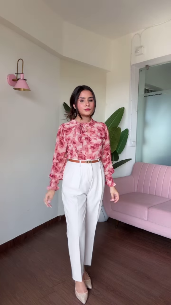 Chic Cold Shoulder Floral Print Blouse with Ruffle Sleeves and High-Waisted Black Pants - Photo 2
