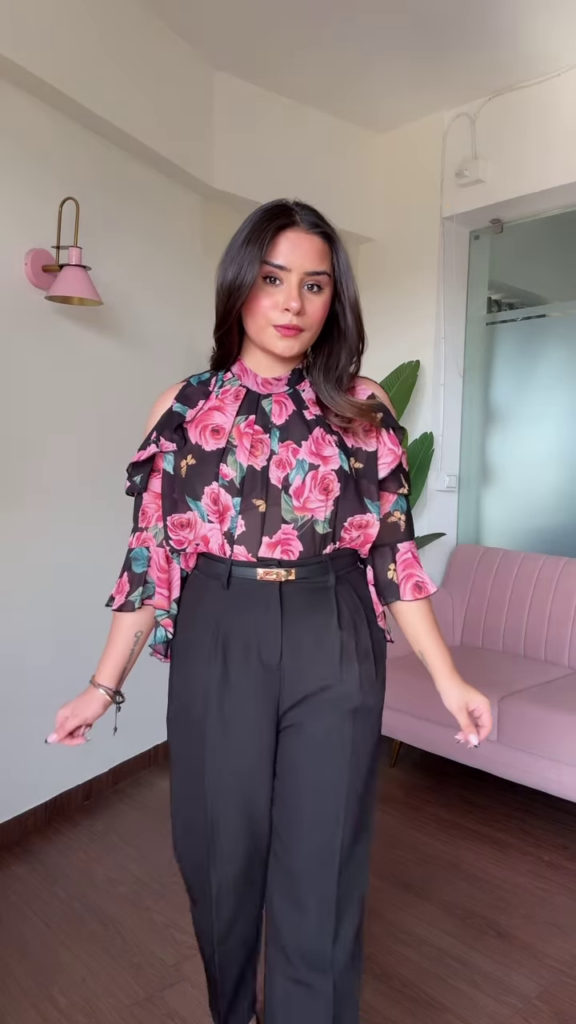 Chic Cold Shoulder Floral Print Blouse with Ruffle Sleeves and High-Waisted Black Pants - Photo 1