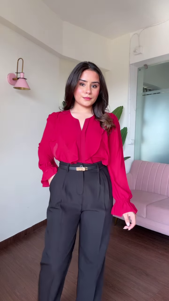 Chic Cold Shoulder Floral Print Blouse with Ruffle Sleeves and High-Waisted Black Pants - Photo 5