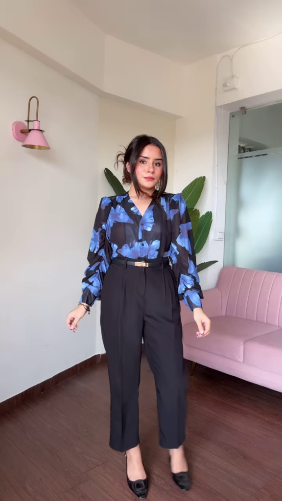 Chic Cold Shoulder Floral Print Blouse with Ruffle Sleeves and High-Waisted Black Pants - Photo 3