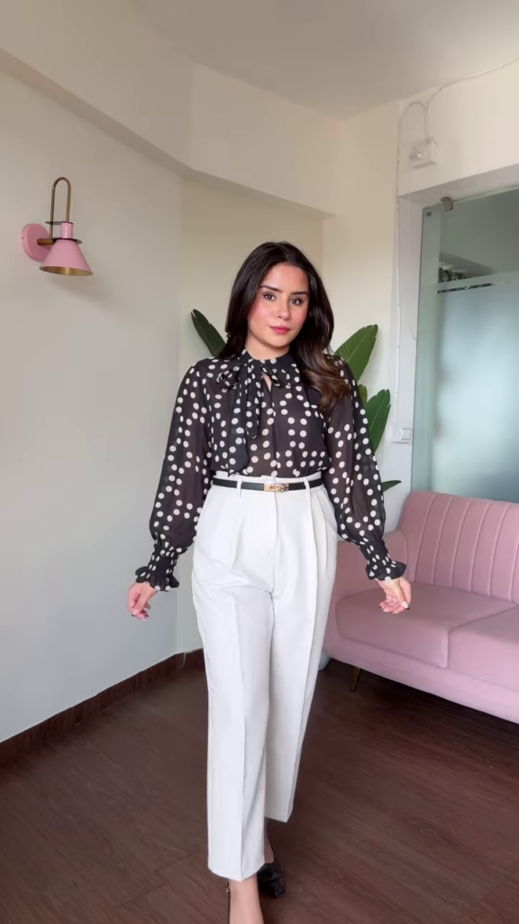 Chic Cold Shoulder Floral Print Blouse with Ruffle Sleeves and High-Waisted Black Pants - Photo 4