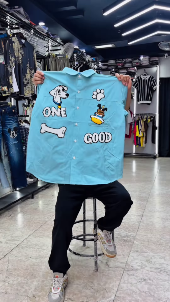 Unique Hand-Painted Cartoon Denim Shirt for Men with Christmas Theme - Photo 2